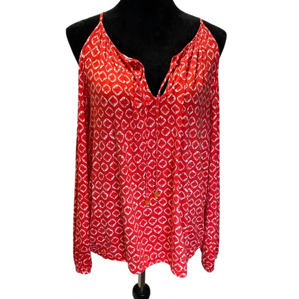 Michael Kors Cold Shoulder Top Womens Large Red Tie Dye Ikat Long Sleeve Blouse - Picture 3 of 7
